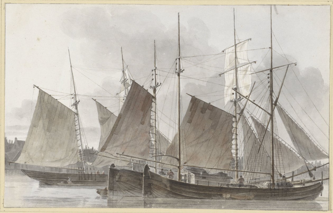 Sejlskibe lagde til foran en by af Hendrik Abraham Klinkhamer