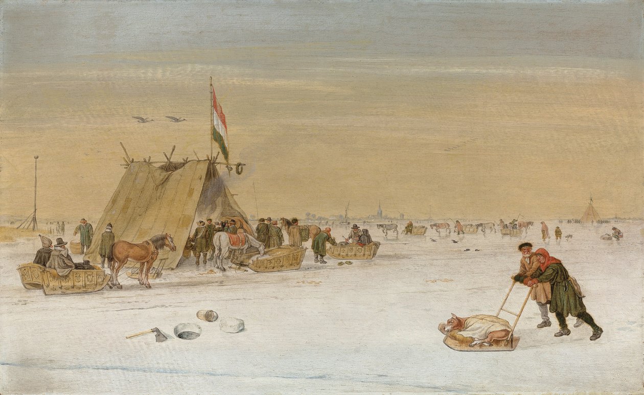 Et vinterlandskab med figurer på isen ved et koek-en-zopie-telt af Hendrik Avercamp