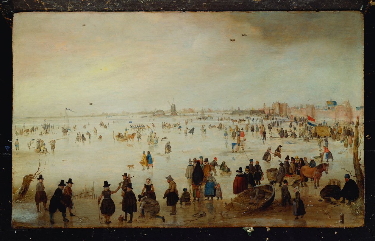 Skatere, golfspillere, elegante damer og herre på frosset flodvand ved Broederpoort ved Kampen af Hendrik Avercamp