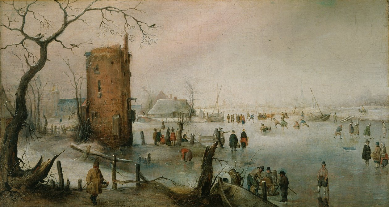 Skøjteløb i nærheden af en by, ca. 1610-20 (olie på lærred) af Hendrik Avercamp