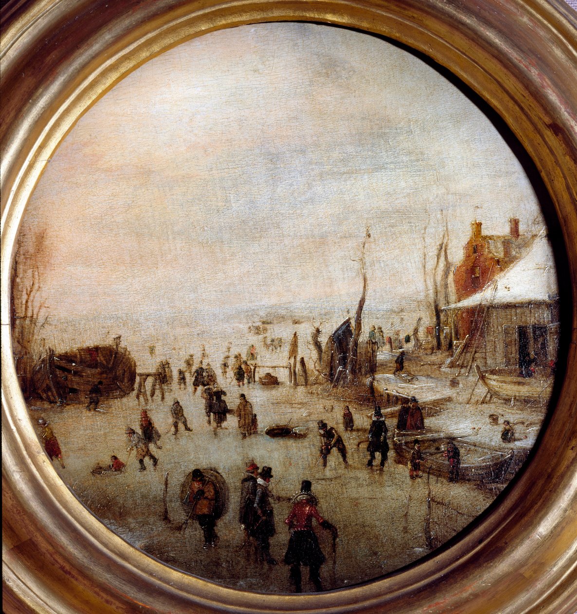 Vinterlandskab med skøjteløbere og hockeyspillere Maleri af Hendrick Avercamp (1585-1634) Diameter 25 cm Musei di Strada Nuova (ex Palazzo Rosso) Genes Italien af Hendrik Avercamp