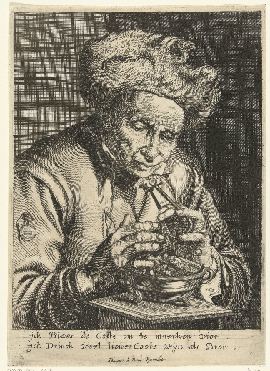 En gammel mand, der blæser liv i et kulstykke af Hendrik Bary