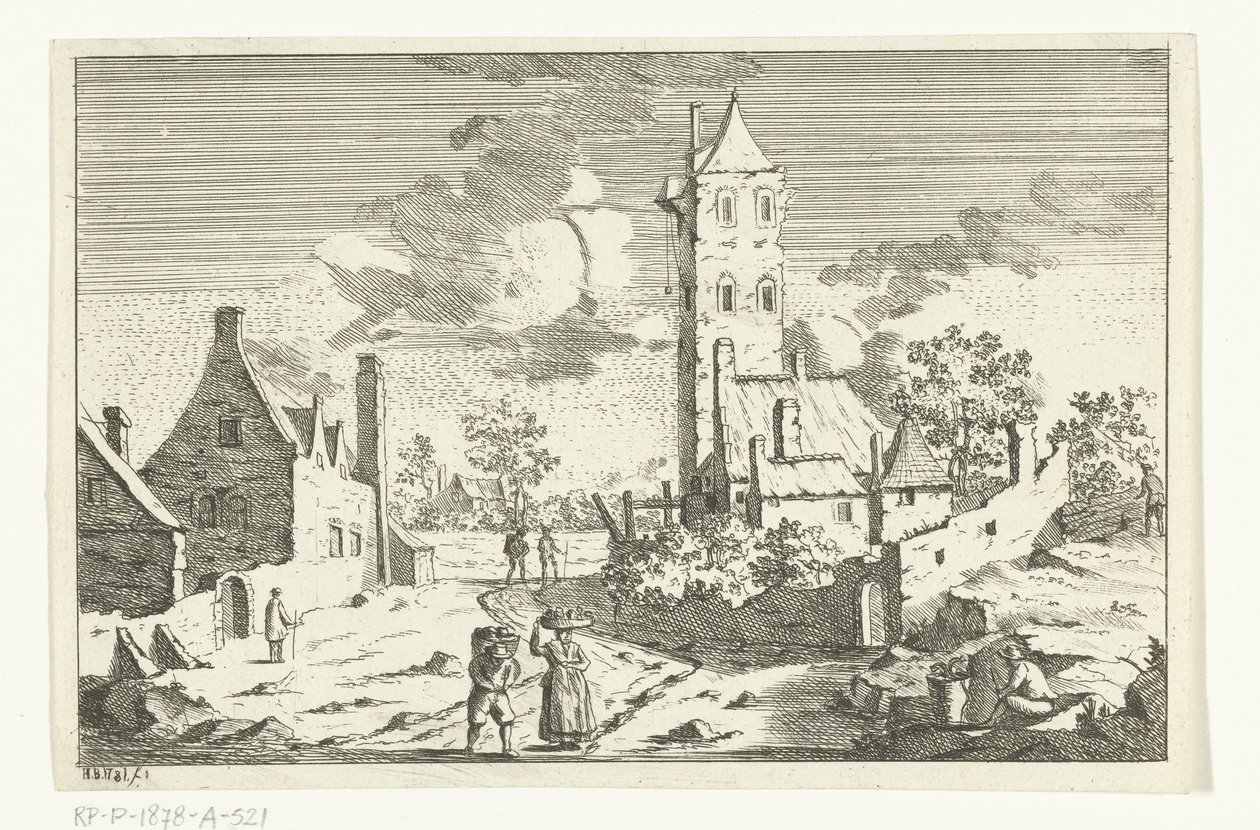 Landsbyudsigt med huse og tårn på en sandvej med figurer af Hendrik Berg