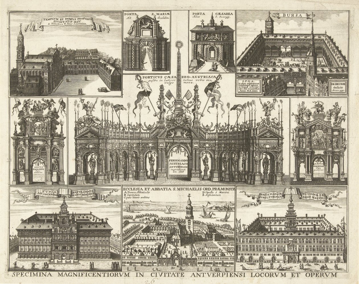 Blad met tien voorsetningen van de intocht van de Kardinaal Infant Ferdinand te Antwerpen, 1635 Eksemplarer af de mest storslåede steder og værker i byen Antwerpen (titel på objekt) af Hendrik Causé