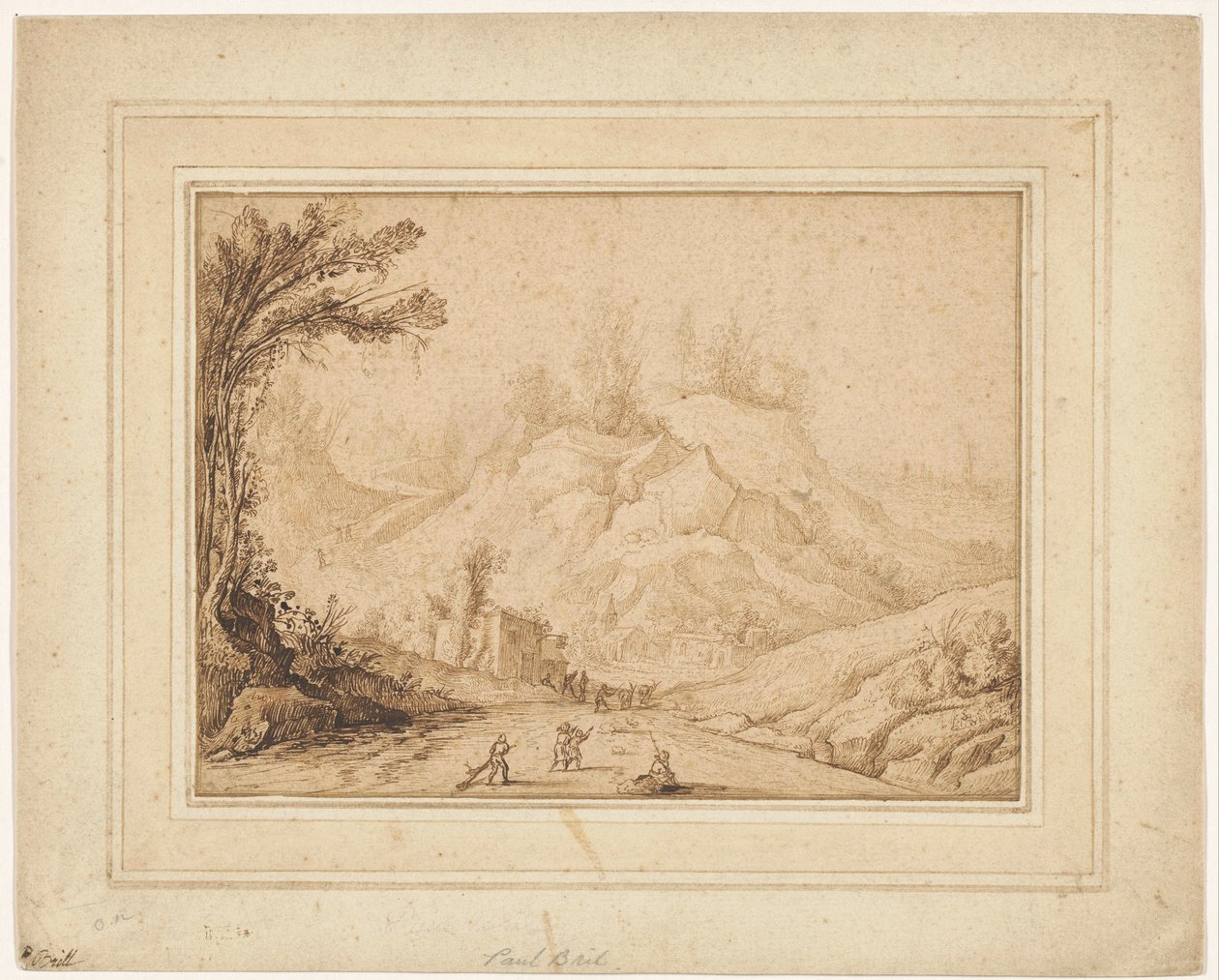 Bjerglandskab med figurer på en vej nær en kro af Hendrick Cornelisz. Vroom
