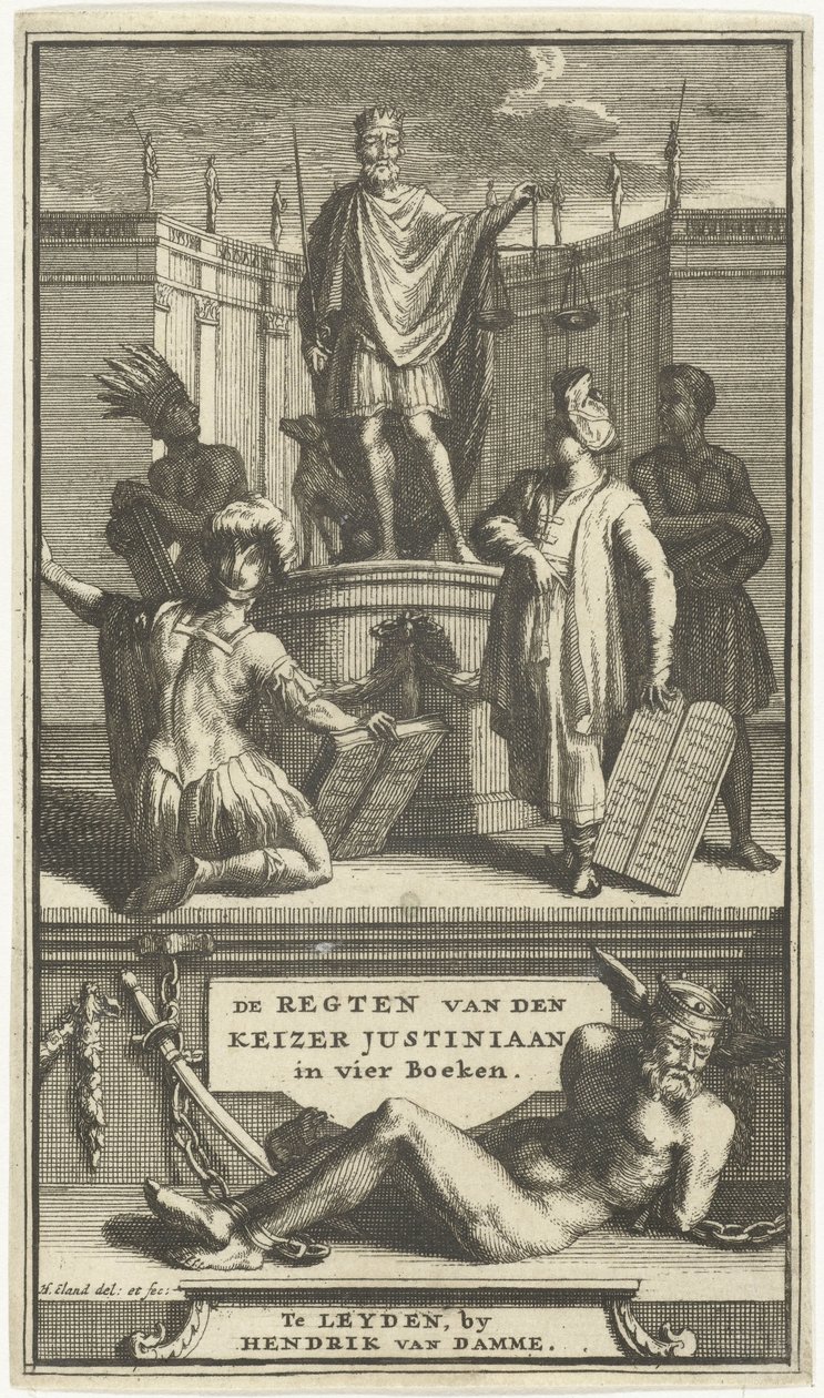 Titelside for Kejser Justinians rettigheder, Leiden, 1705 KEJSER JUSTINIANS REGLER i fire bøger (titel på objekt) af Hendrik Elandt