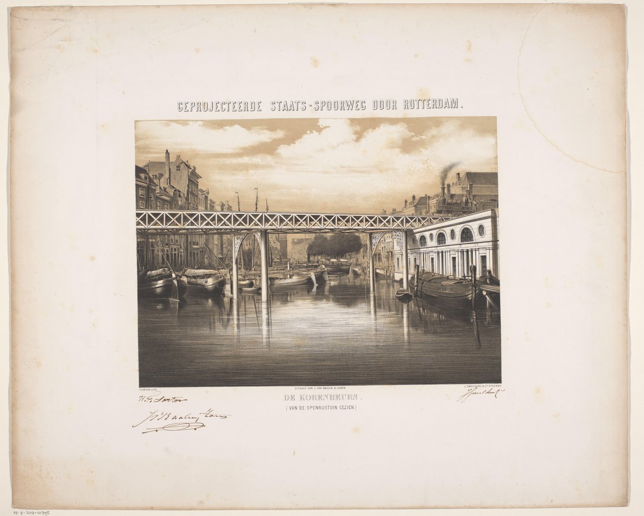 Udsigt over Korenbeurs i Rotterdam med fremtidsvision om en jernbane Korenbeurs (set fra den åbne rækkehave) (titel på objekt) Projekteret statsjernbane gennem Rotterdam (serietitel på objekt) af Hendrik Frederik Sartor