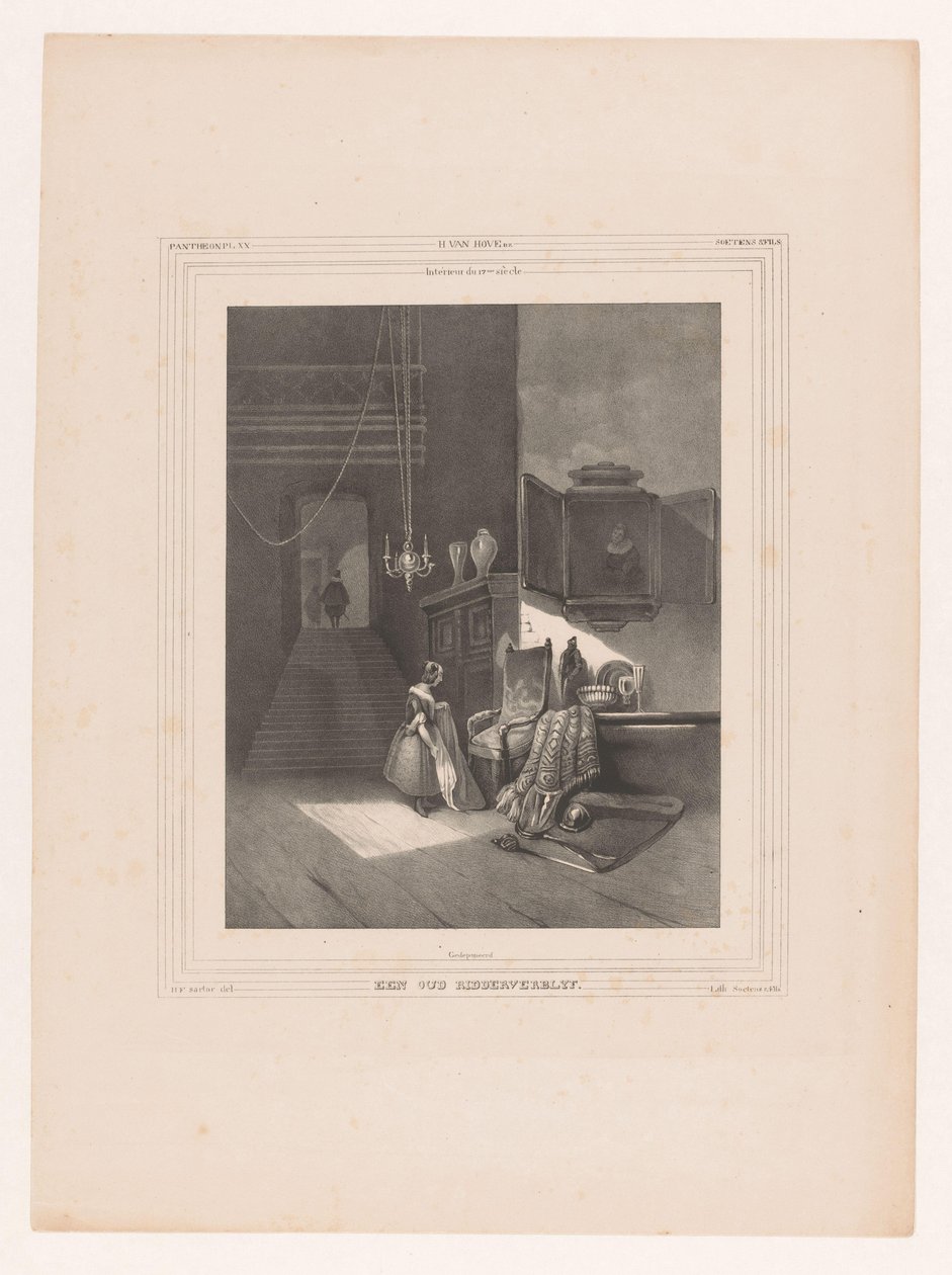 Kvinde i interiør Intérieur du 17me siècle / En gammel ridderbolig (titel på objekt) af Hendrik Frederik Sartor