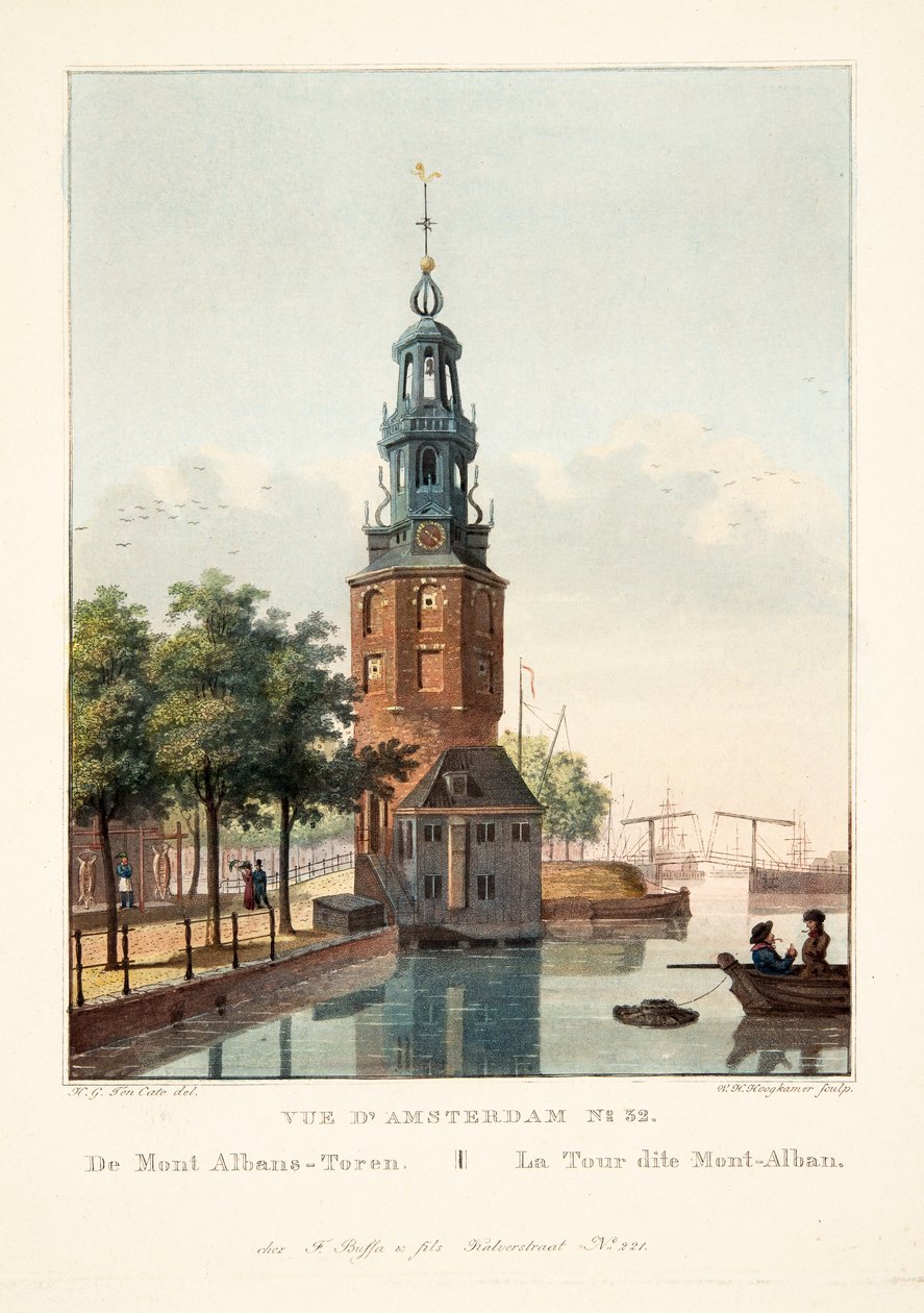 Udsigt over Amsterdam No.32. Fra Mont Albans-Toren. Det såkaldte Mont-Alban Tower, 1825 (håndfarvet gravering) af Hendrik Gerrit ten Cate