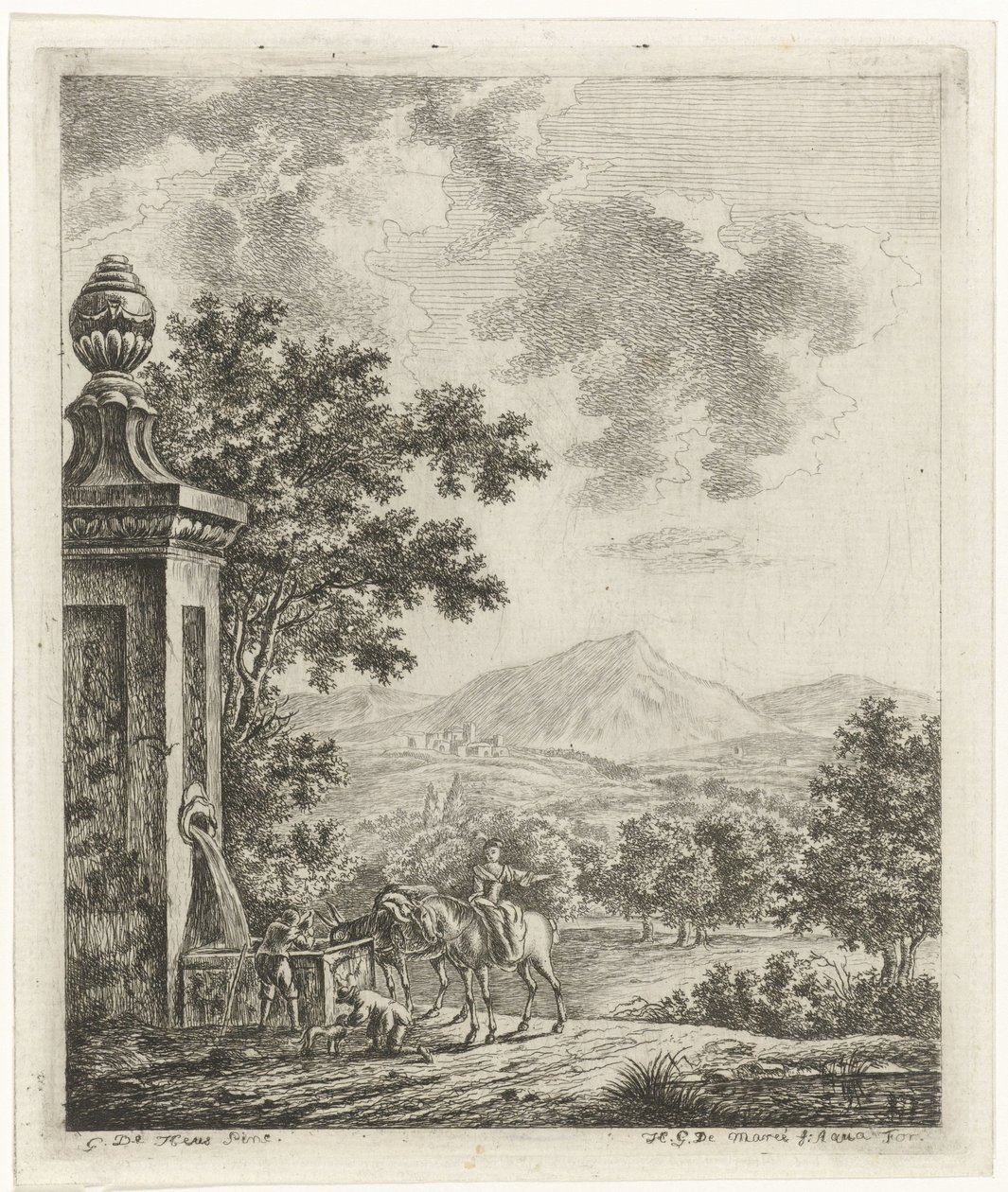 Landskab med figurer ved en brønd af Hendrik Godart de Marée