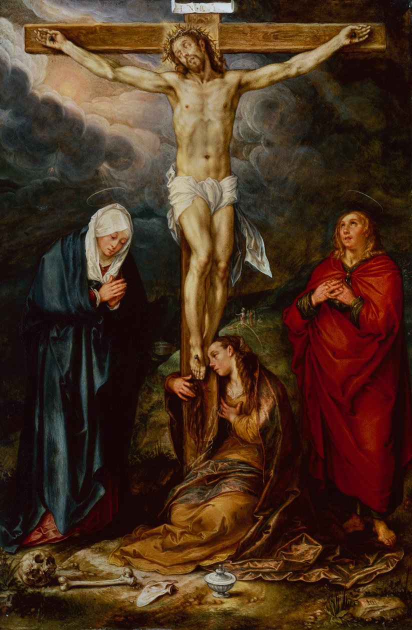 Kristus på korset, med Maria, Johannes og Magdalene (olie på kobber) af Hendrik Goltzius