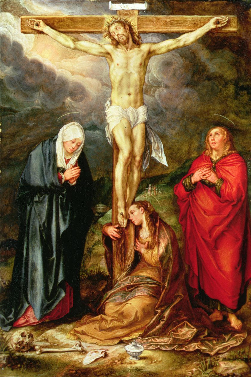 Kristus på korset, med Maria, Johannes og Magdalene, ca. 1600 (olie på kobber) af Hendrik Goltzius