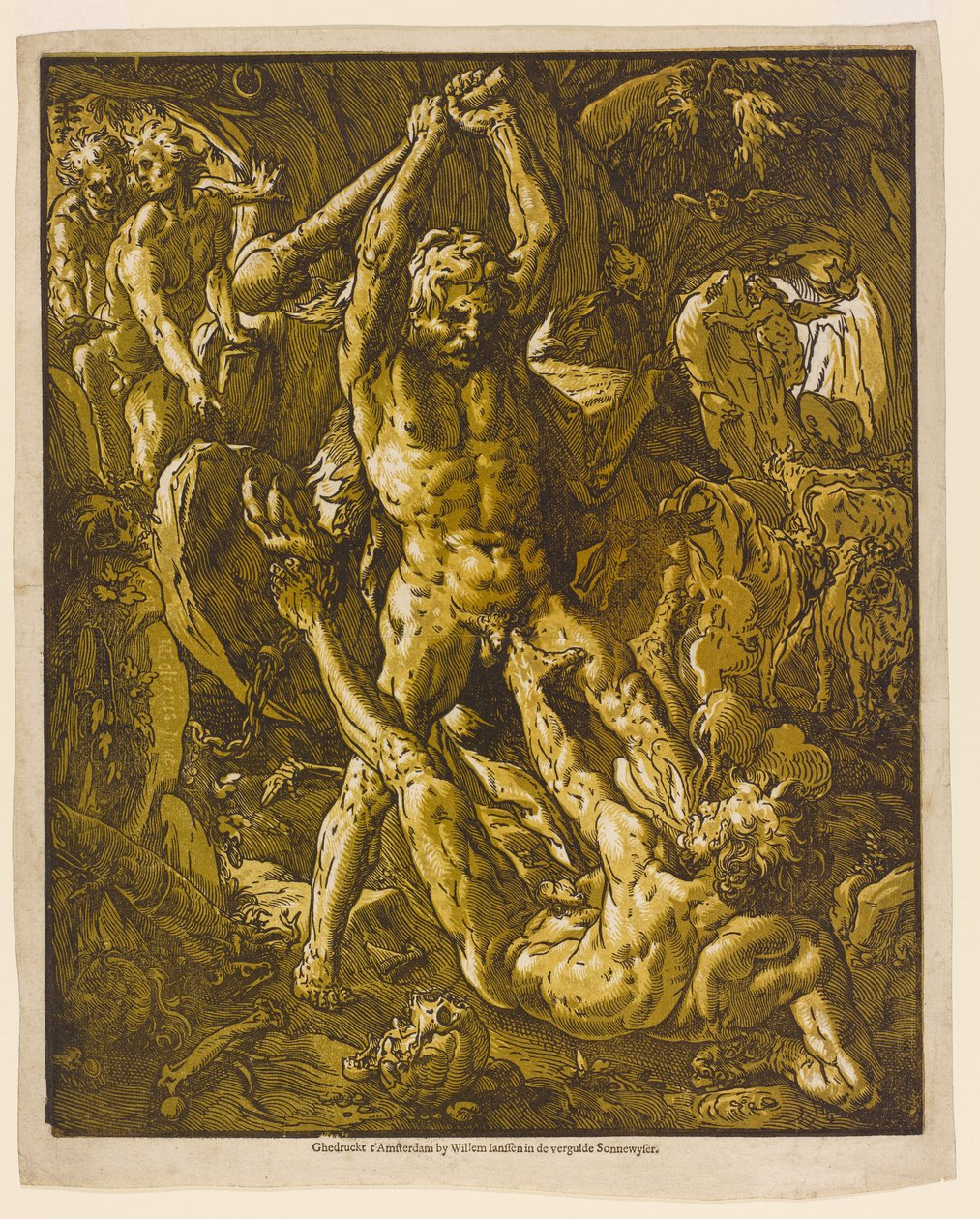 Hercules og Cacus, 1588 (chiaroscuro træsnit på lagt papir) af Hendrik Goltzius
