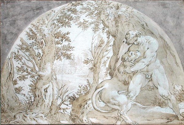 Hercules og Nemean Lion af Hendrik Goltzius