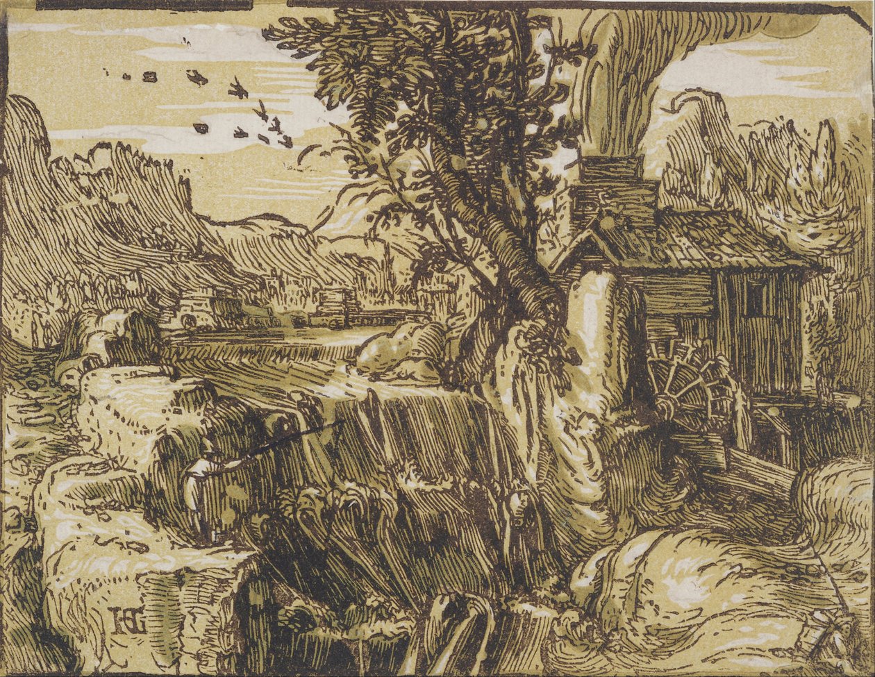 Landskab med vandfald af Hendrik Goltzius