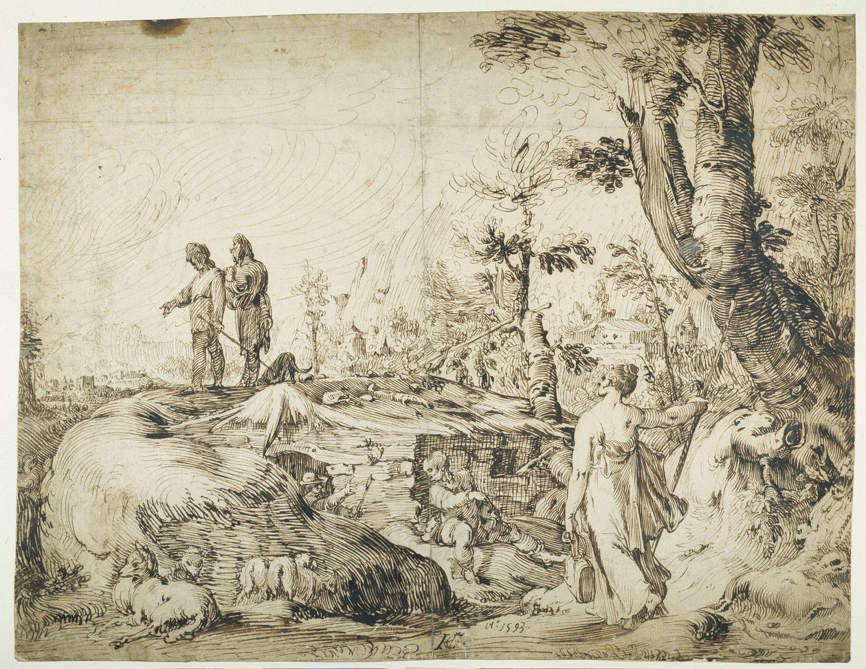 Landskab med bønder ved en hytte af Hendrik Goltzius