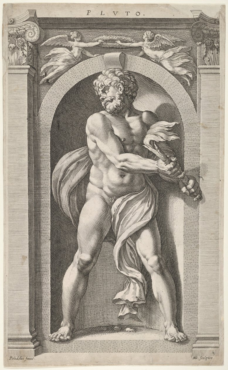 Pluto, på verso skitser af en figur, fire hoveder og en søjle, 1592. af Hendrik Goltzius
