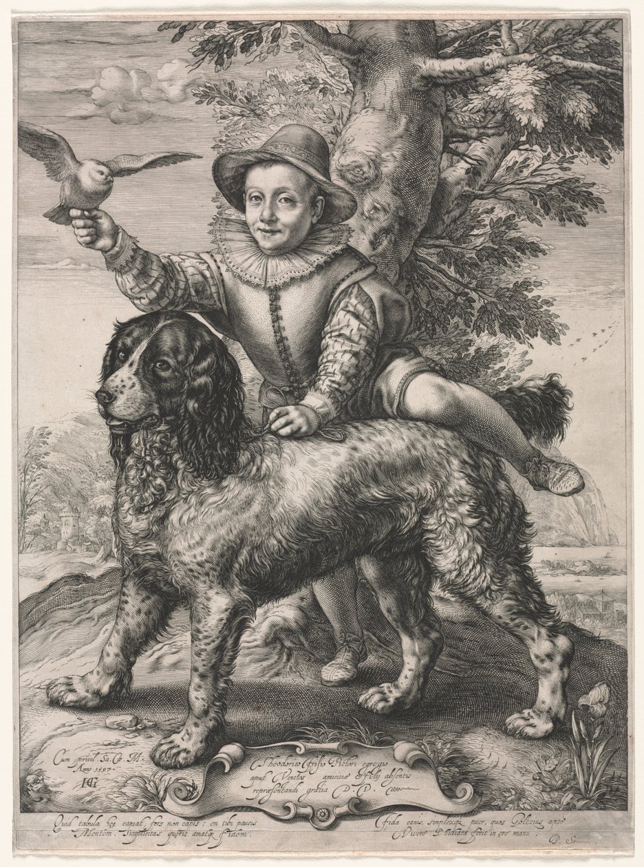 Portræt af Frederick de Vries og hans hund, 1597. af Hendrik Goltzius