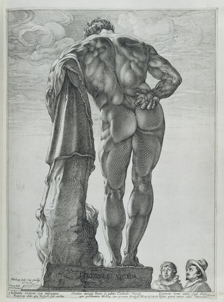 Set bagfra af Farnese Hercules (kobberstik) af Hendrik Goltzius