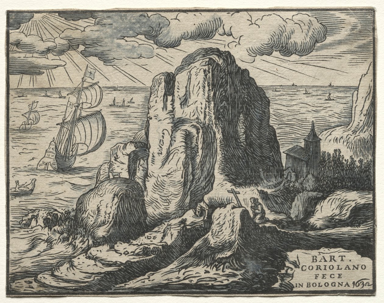 Sæt med 4 landskaber: Nr. 4 - Cliff on the Seashore. af Hendrik Goltzius