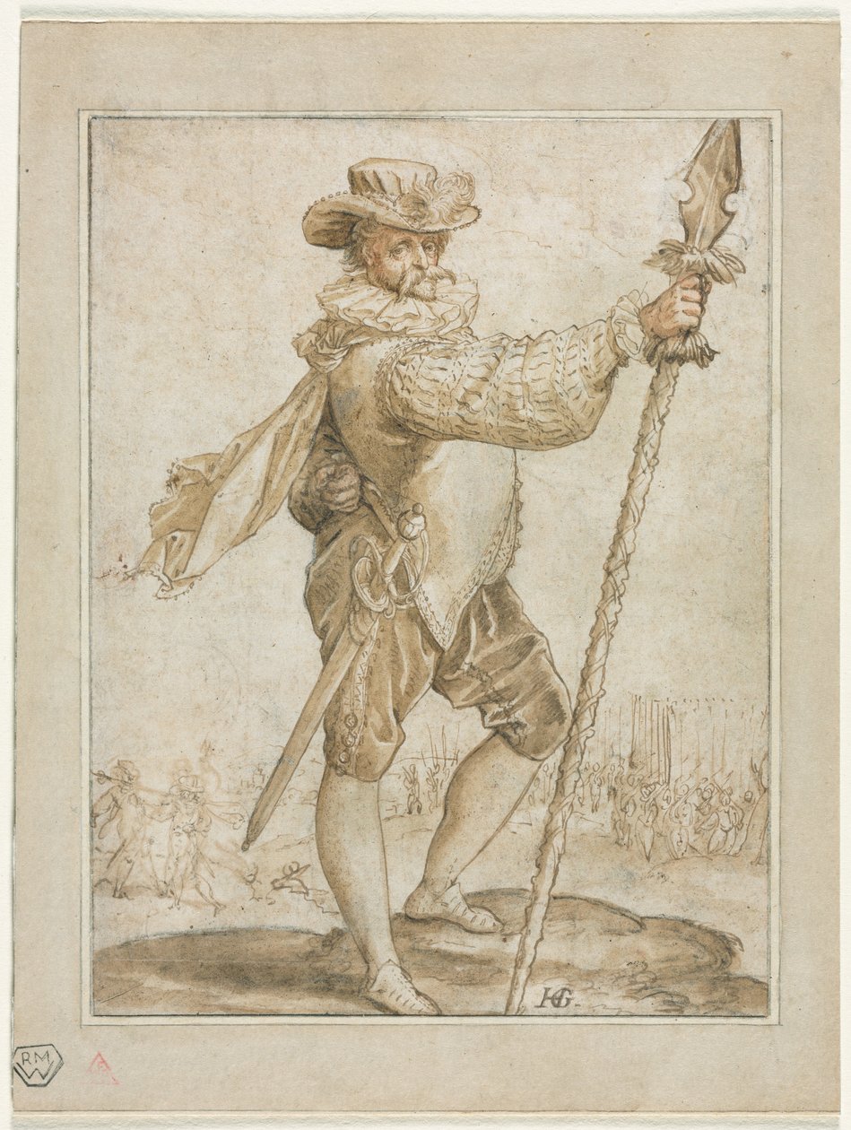 Stående officer holder et ornespyd, 1586. af Hendrik Goltzius