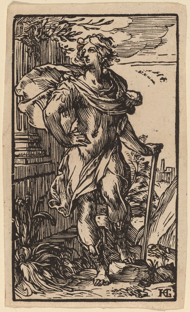 Stående ung mand med en stok af Hendrik Goltzius