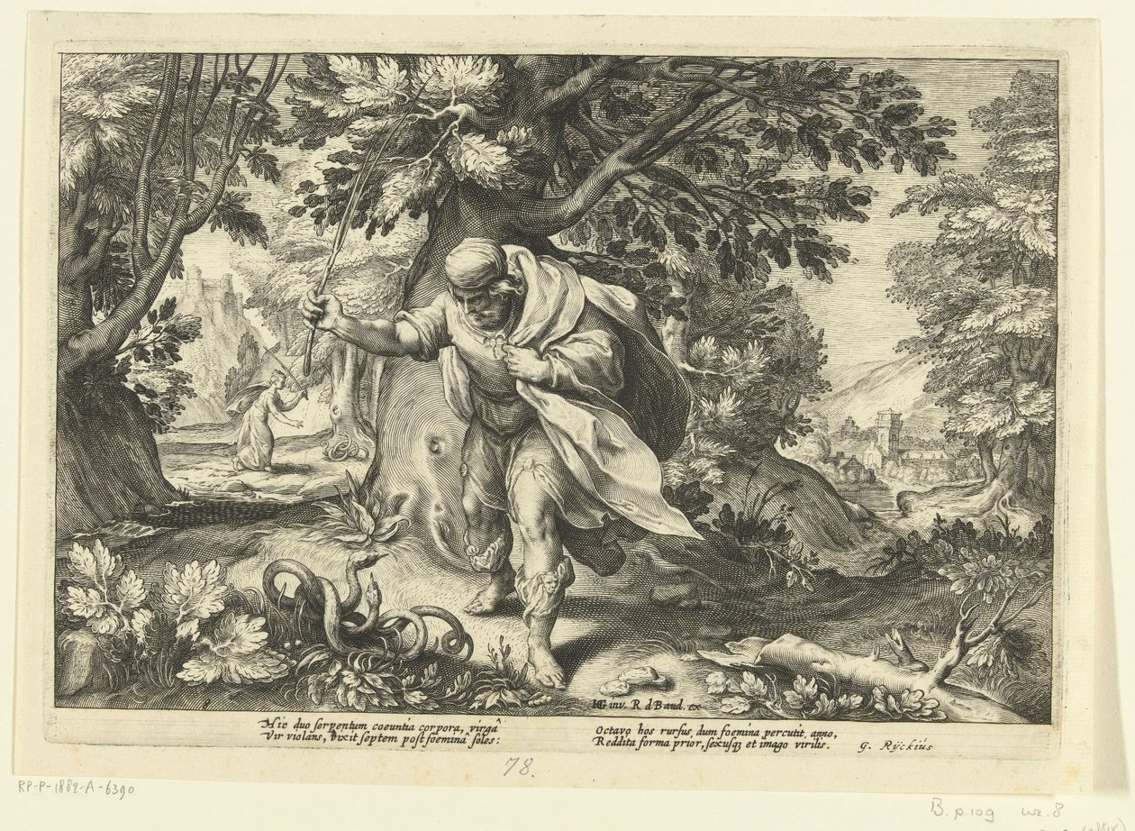 Teiresias slår to parrende slanger, fra Ovids Metamorphoses af Hendrik Goltzius