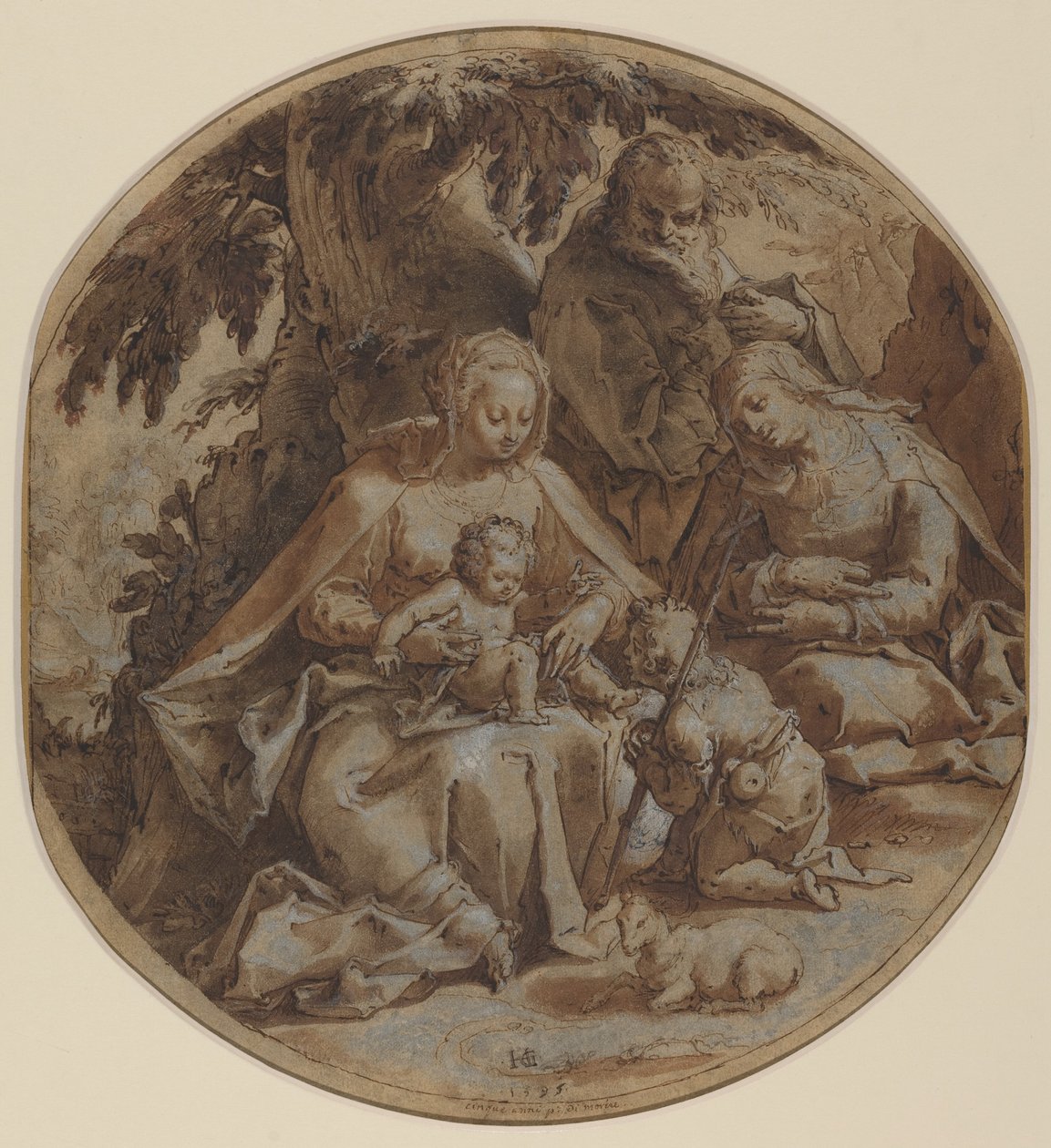 Den hellige familie med Saint Elizabeth og Saint John the Baptist af Hendrik Goltzius