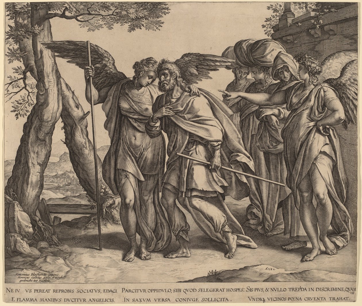 Lot og hans døtre forlader Sodoma af Hendrik Goltzius after Anthonie van Blocklandt