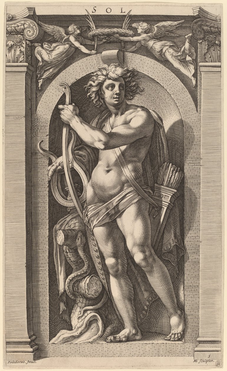 Sol eller Apollo af Hendrik Goltzius after Polidoro da Caravaggio
