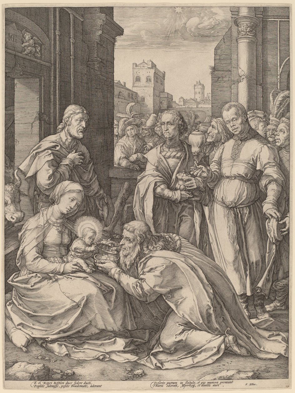 Magiernes tilbedelse af Hendrik Goltzius in the style of Lucas van Leyden