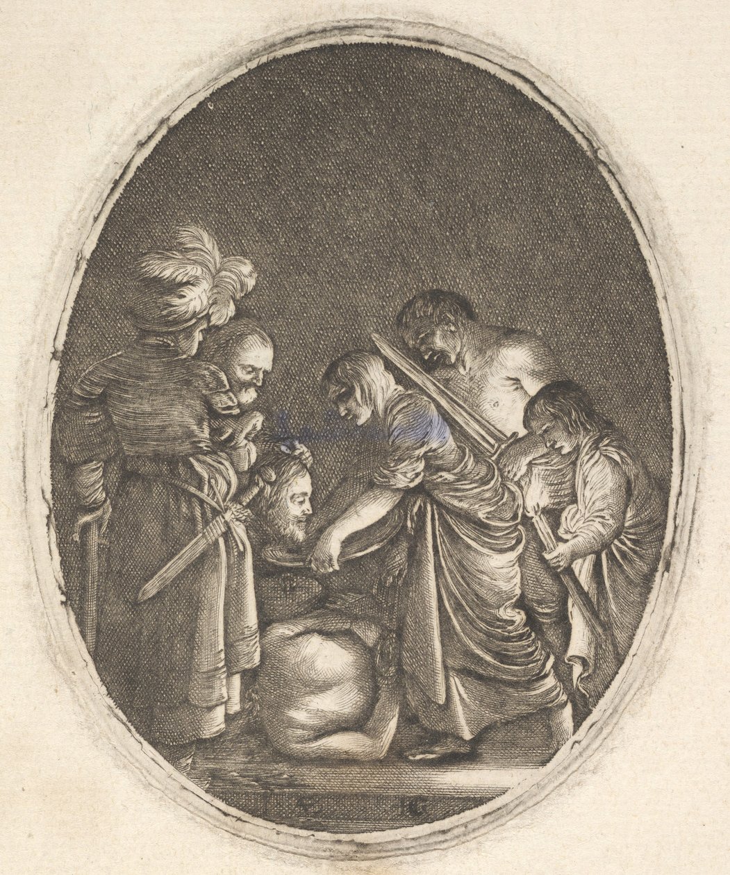 Salome modtager Johannes Døberens hoved, omgivet af tre mænd og et barn ..., ca. 1610. af Hendrik Goudt