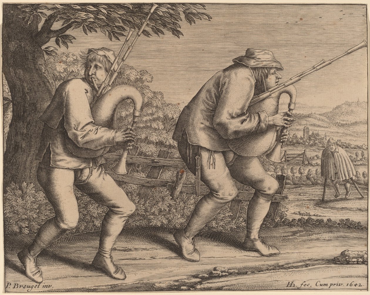To sækkepibespillere af Hendrik Hondius I after Pieter Bruegel the Elder