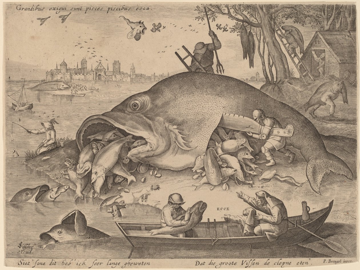 Den store fisk spiser den lille fisk af Hendrik Hondius after Pieter Bruegel the Elder