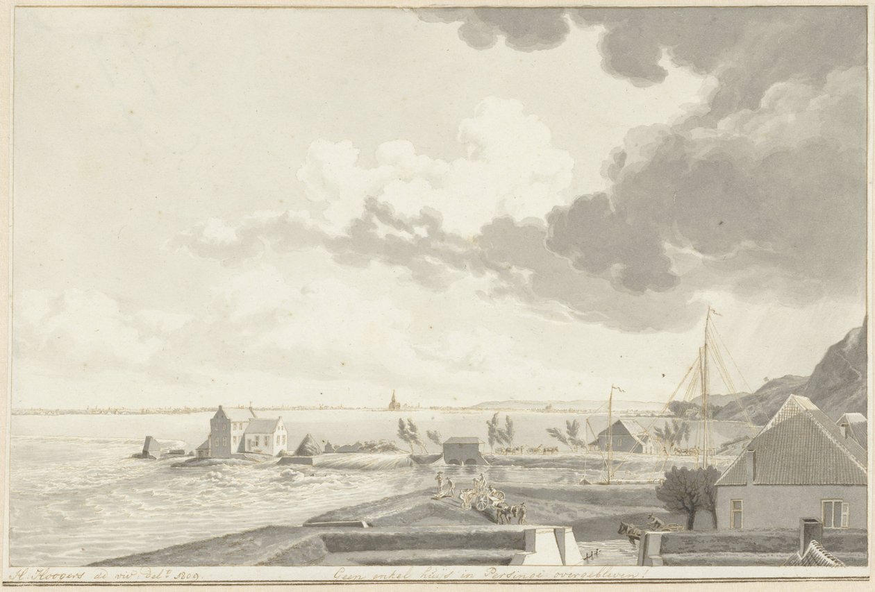 Den oversvømmede Ooijpolder med Persingen i det fjerne, 1809 af Hendrik Hoogers (signed by artist)
