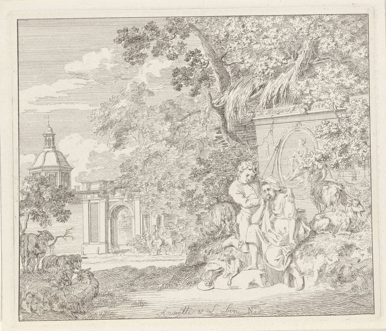 Par ved et klassisk monument og en byport Anette og Lubin (titel på objekt) af Hendrik Hoogers