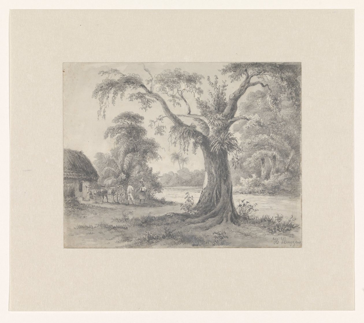 Landskab med træ og hytte med hest og vogn og to figurer af Hendrik Huygens (signed by artist)