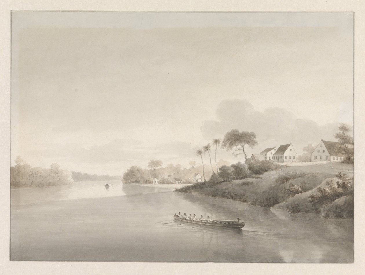 Udsigt over nogle huse ved en flod, muligvis Jodensavanne af Hendrik Huygens