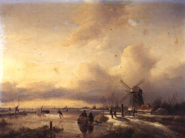 Figurer i et frosset flodlandskab (panel) af Hendrik Jacobus Scholten