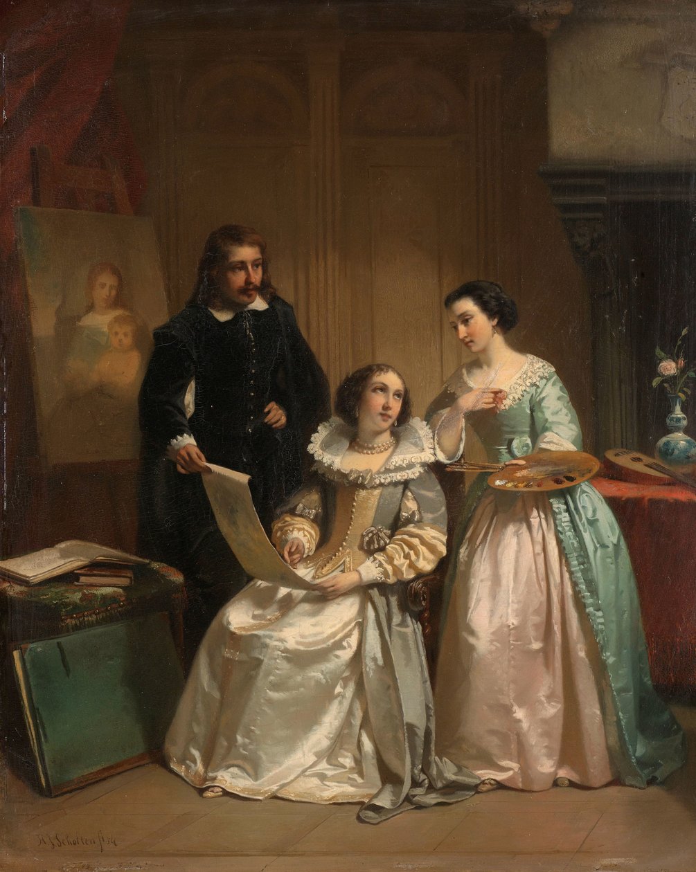 Gerard van Honthorst viser tegningerne af sin elev Louise af Bøhmen til Amalia van Solms af Hendrik Jacobus Scholten