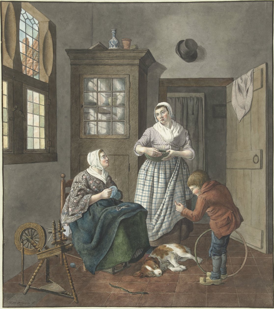 Interiør med kvindesyning, stuepige og dreng, der leger af Hendrik Jan van Amerom
