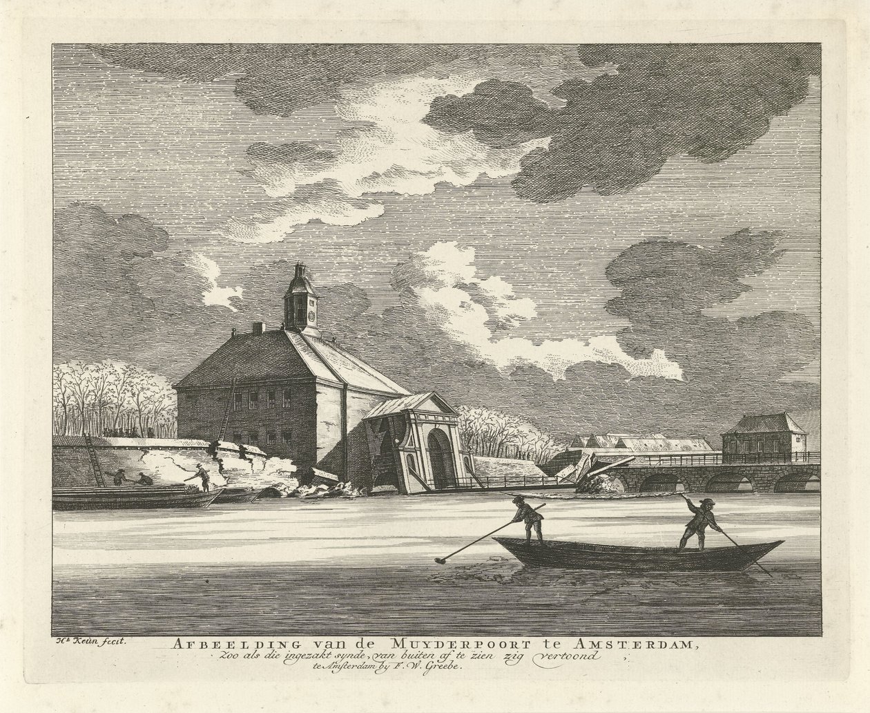 Sagging Muiderpoort, set fra Singelgracht, 1769 Billede af Muyderpoort i Amsterdam, Zoo som den kollapsede synde, kan ses udefra, zigzag (titel på objekt) af Hendrik Keun