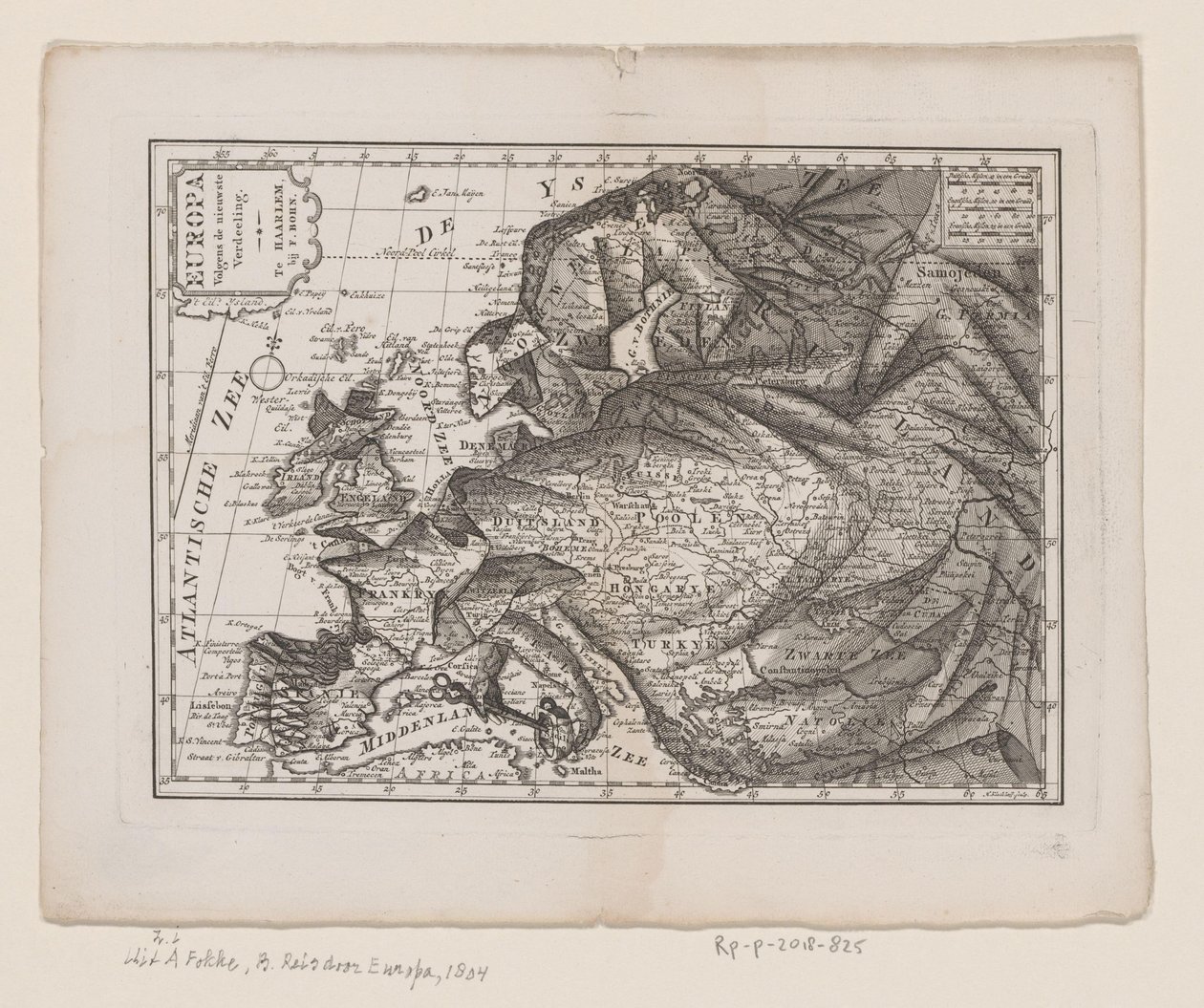 Kort over Europa, som dronning Europa ifølge den seneste inddeling (titel på objekt) af Hendrik Kloekhoff