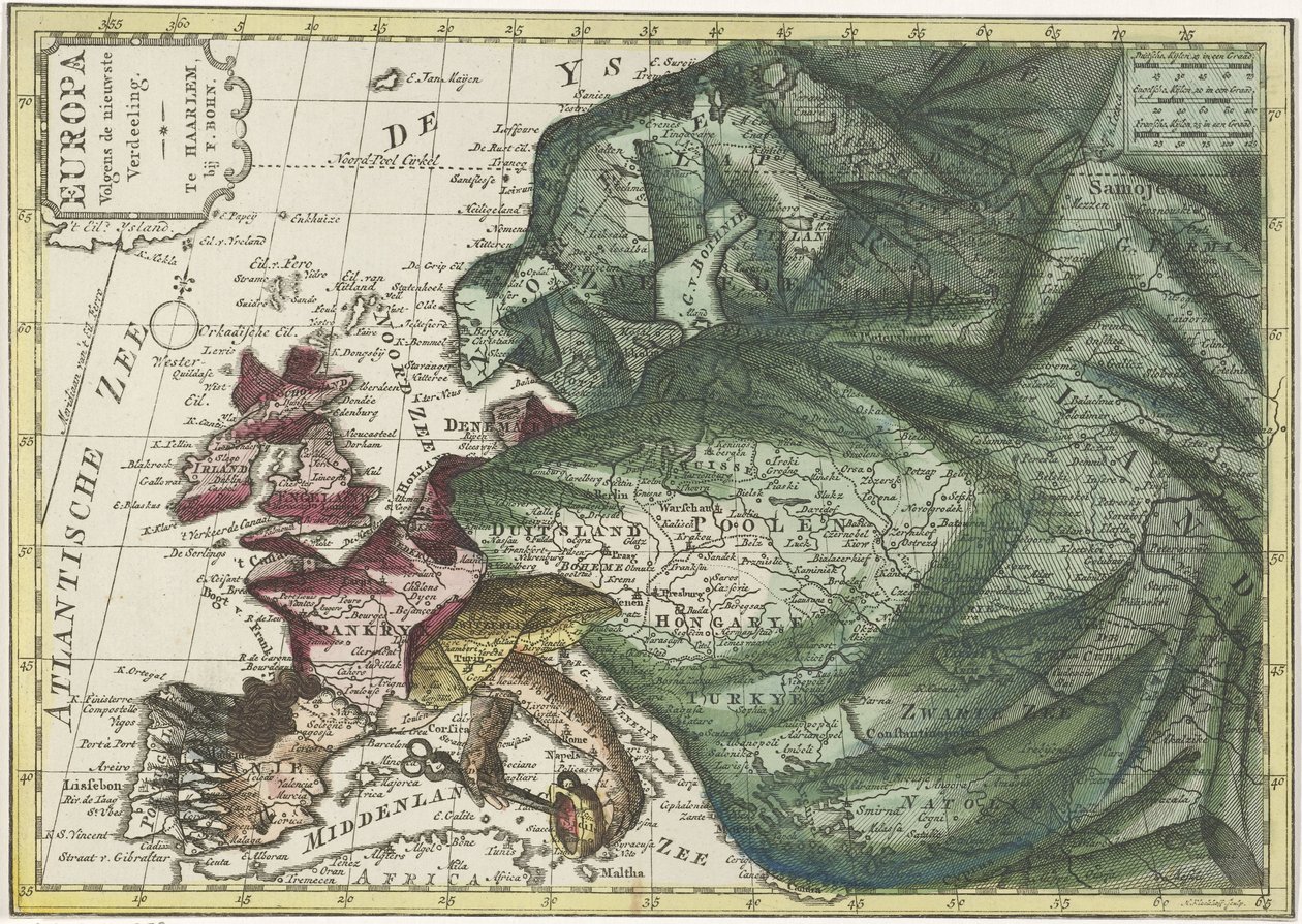 Kort over Europa, farvet som dronning Europa ifølge den seneste inddeling (titel på objekt) af Hendrik Kloekhoff