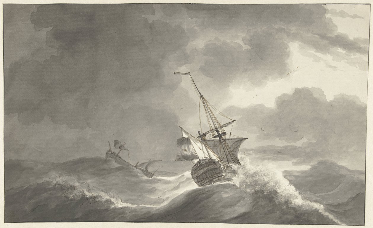 To skibe på havet i storm af Hendrik Kobell