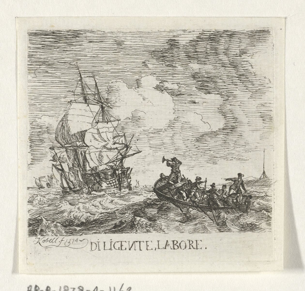 Vildt vand med forskellige både Diligente, labore (titel på objekt) af Hendrik Kobell