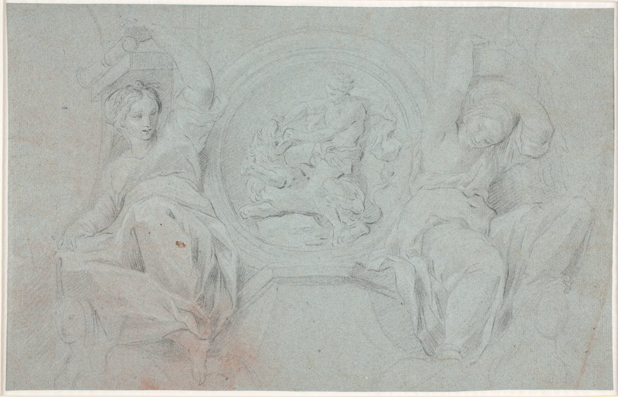 To siddende kvindefigurer omkring en medaillon med Herakles