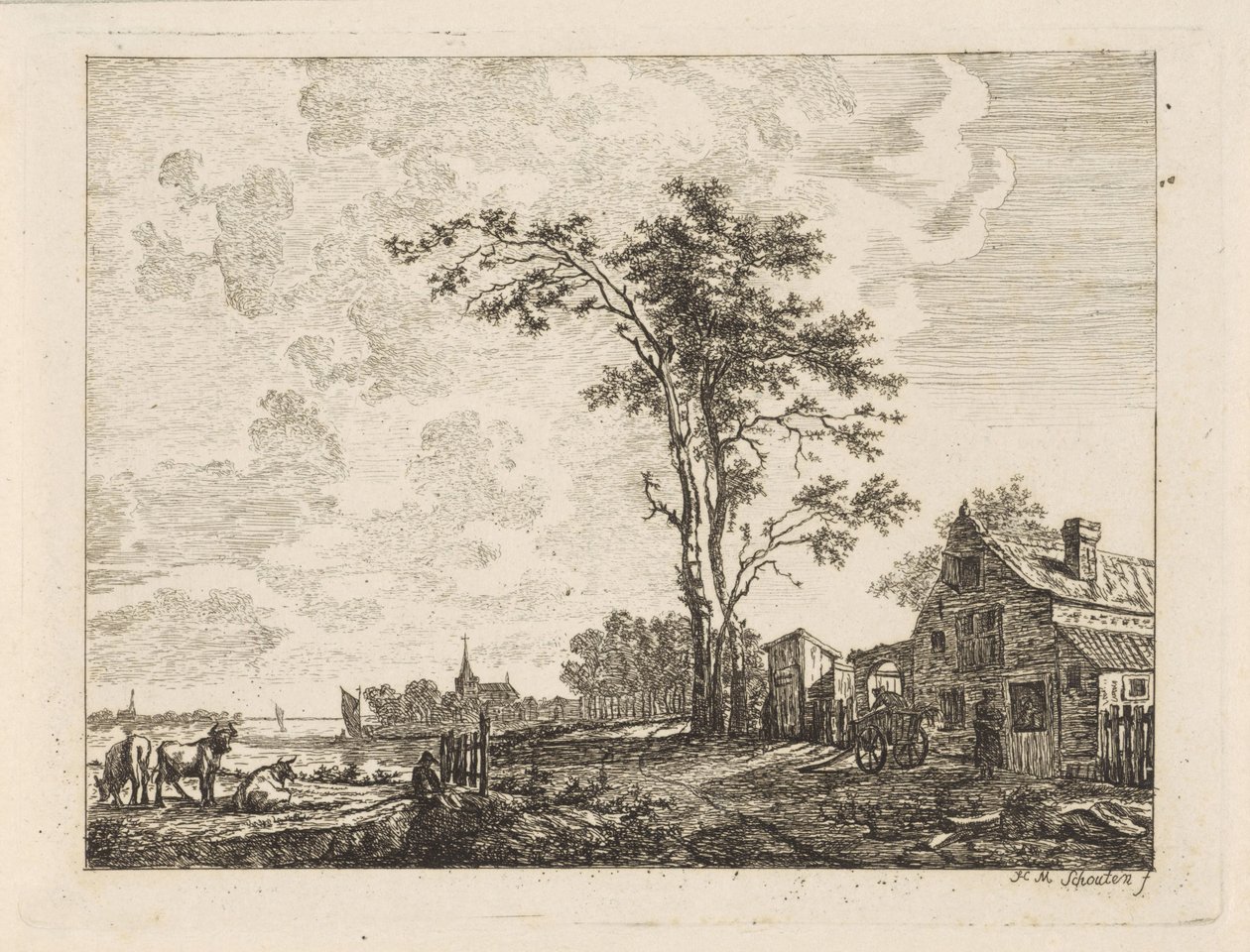 Landskab med et hus ved en flod af Hendrik Marcus Schouten