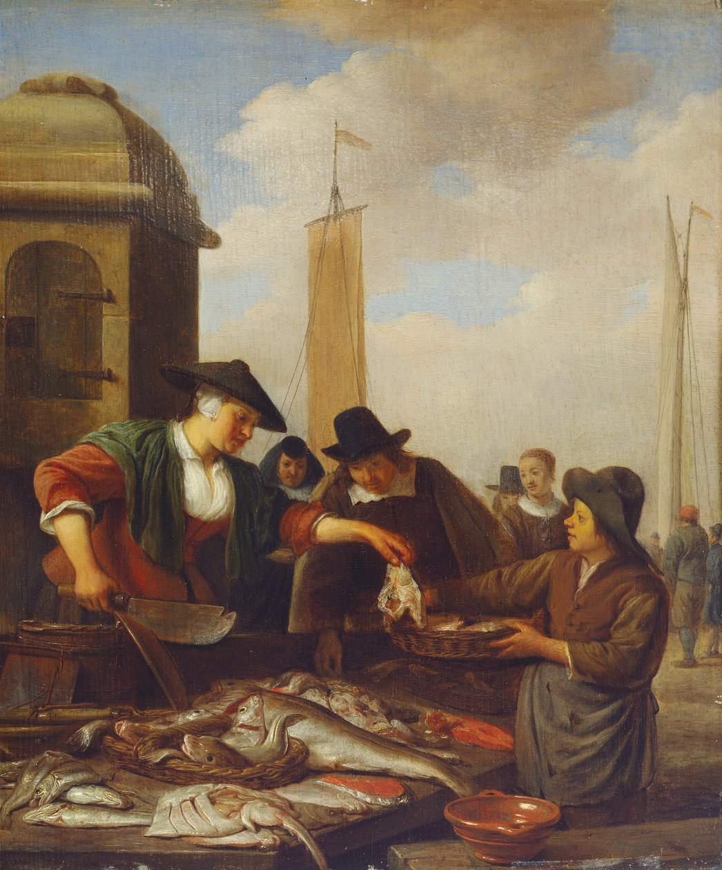 En fiskebod ved en havn (olie på panel) af Hendrik Martensz Sorgh
