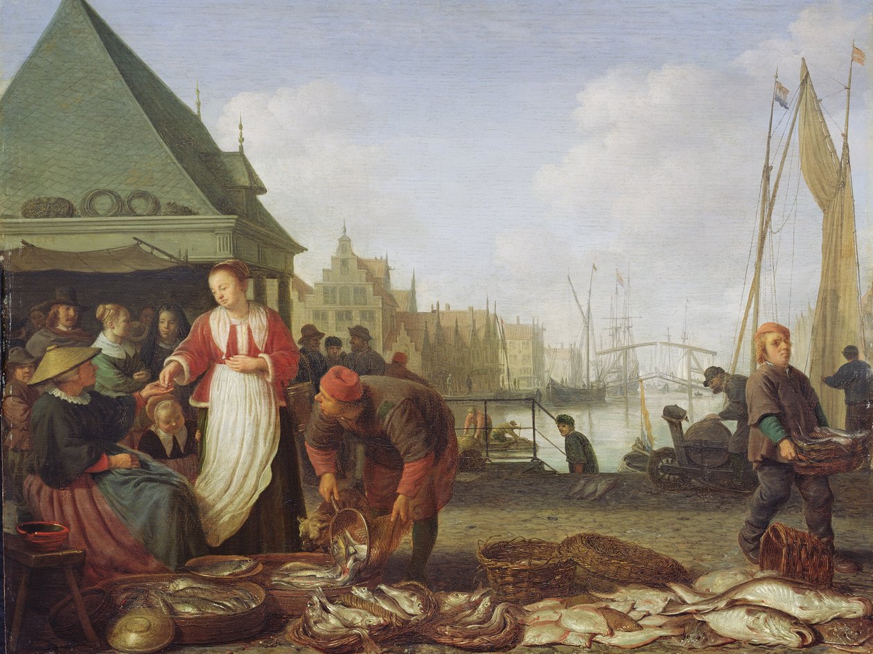 Rotterdam fiskemarked (olie på egetræspanel) af Hendrik Martensz Sorgh